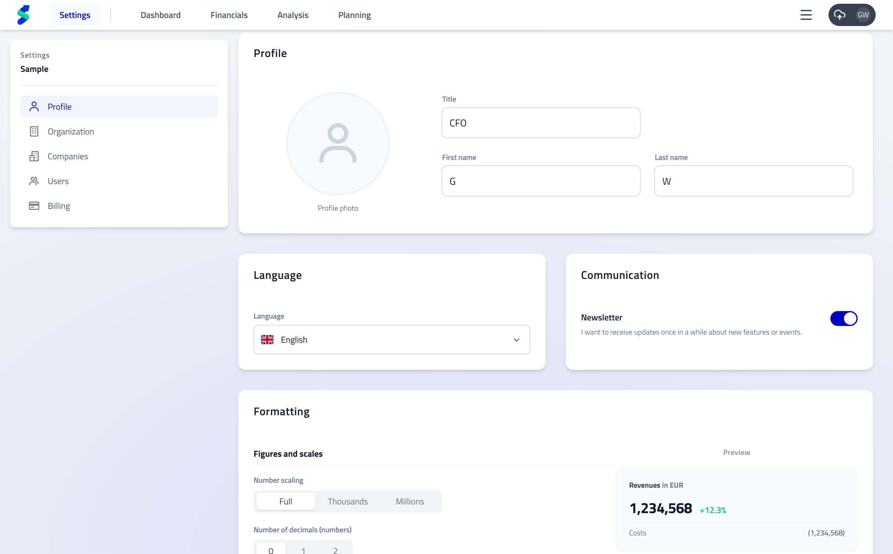 User Settings showing name, profile picture, language, and number formatting